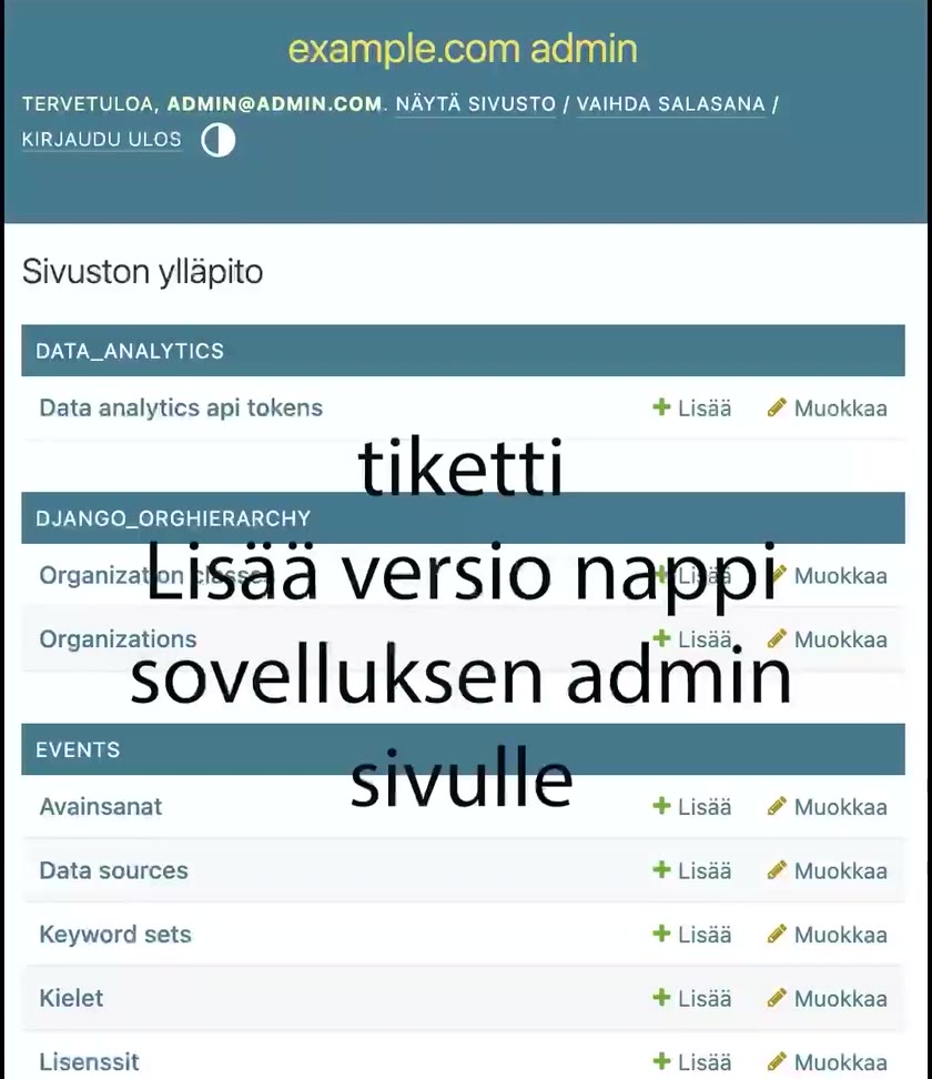 Django-adminin etusivu ennen muutosta: otsikkorivillä ei ole Versiotiedot-nappia.